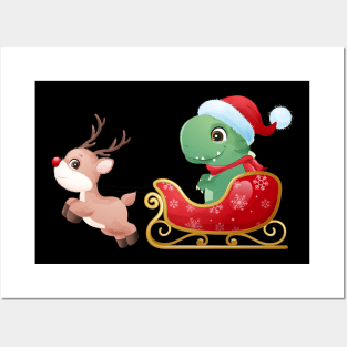 Cute Christmas Dinosaur Riding Sleigh Posters and Art